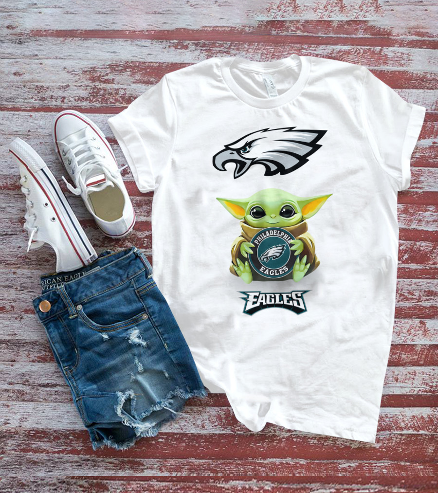 Baby Yoda Holding Philadelphia Eagles Logo Emblem With Eagles Mascot Artwork T-Shirt