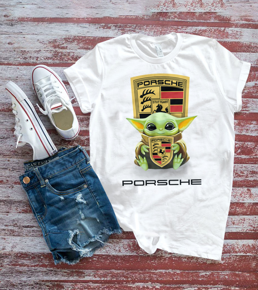 Baby Yoda Holding Stuttgart Porsche Crest T-Shirt