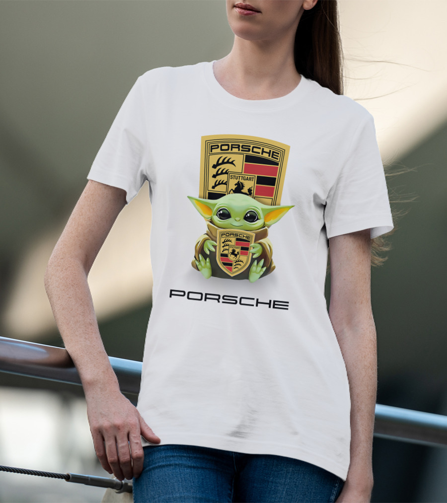 Baby Yoda Holding Stuttgart Porsche Crest T-Shirt