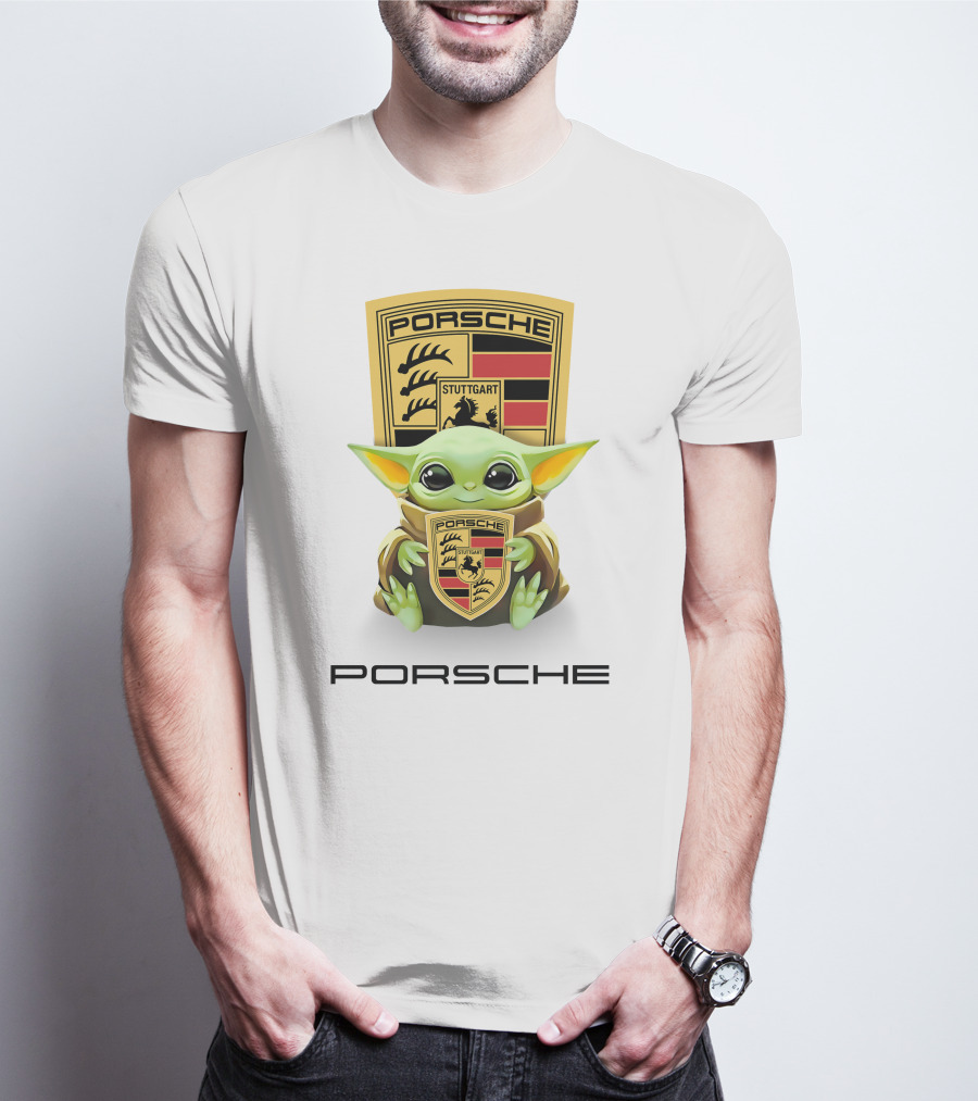 Baby Yoda Holding Stuttgart Porsche Crest T-Shirt