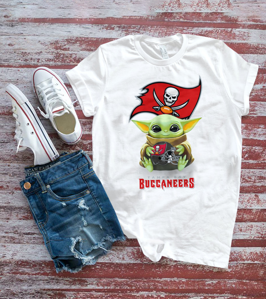Baby Yoda Holding Tampa Bay Buccaneers Football Helmet T-Shirt