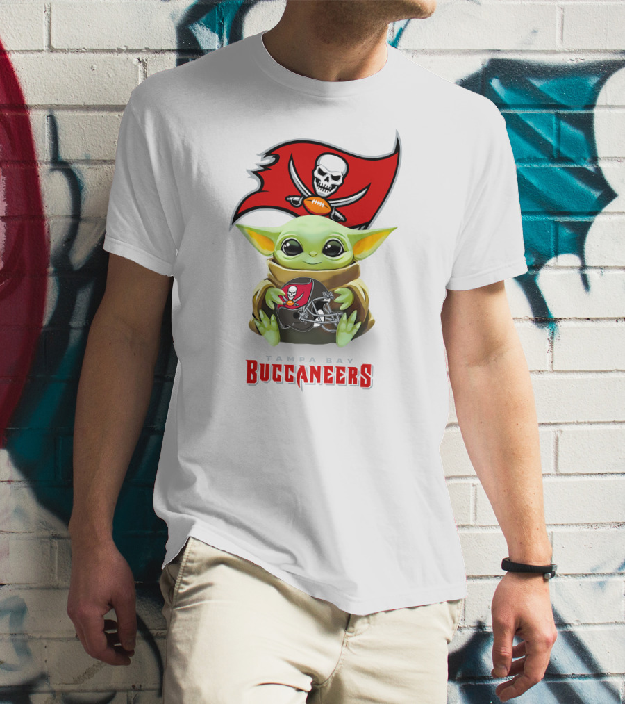 Baby Yoda Holding Tampa Bay Buccaneers Football Helmet T-Shirt