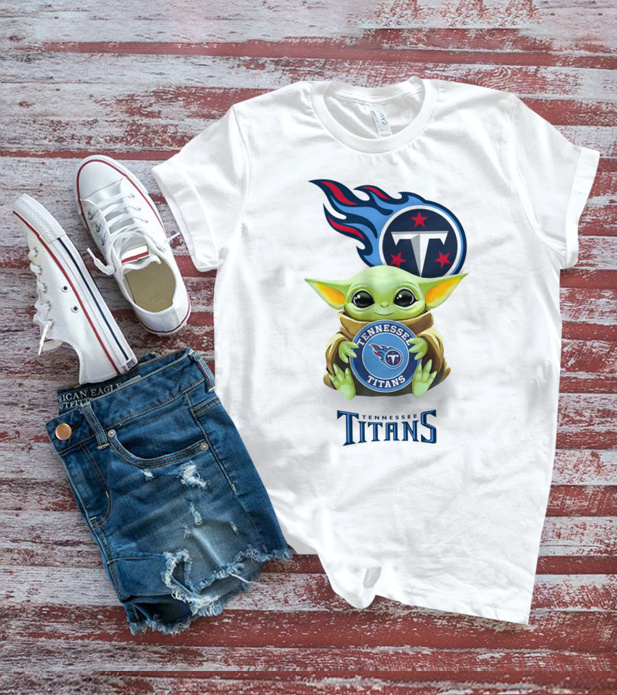 Baby Yoda Holding Tennessee Titans Emblem With Logo White T-Shirt