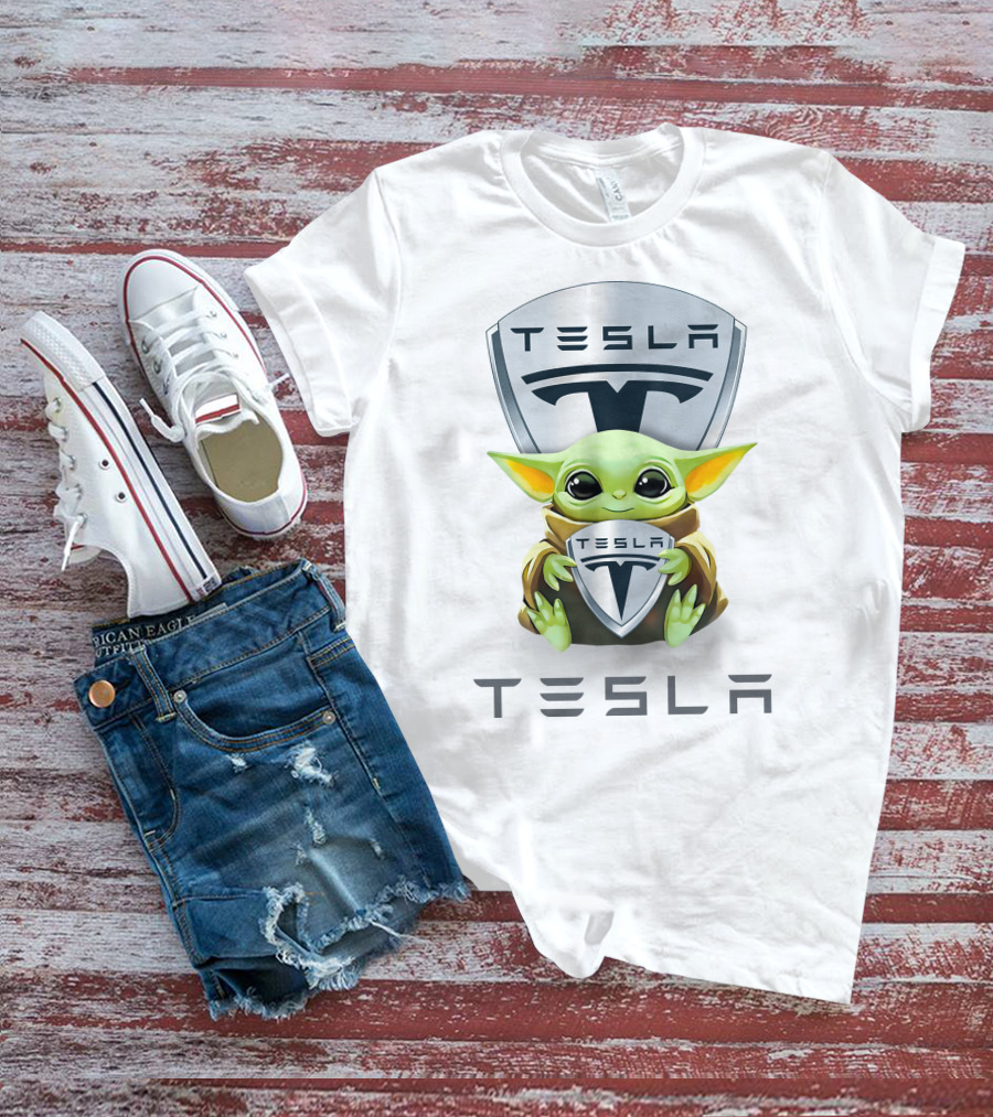 Baby Yoda Holding Tesla Shield With Tesla T-Shirt