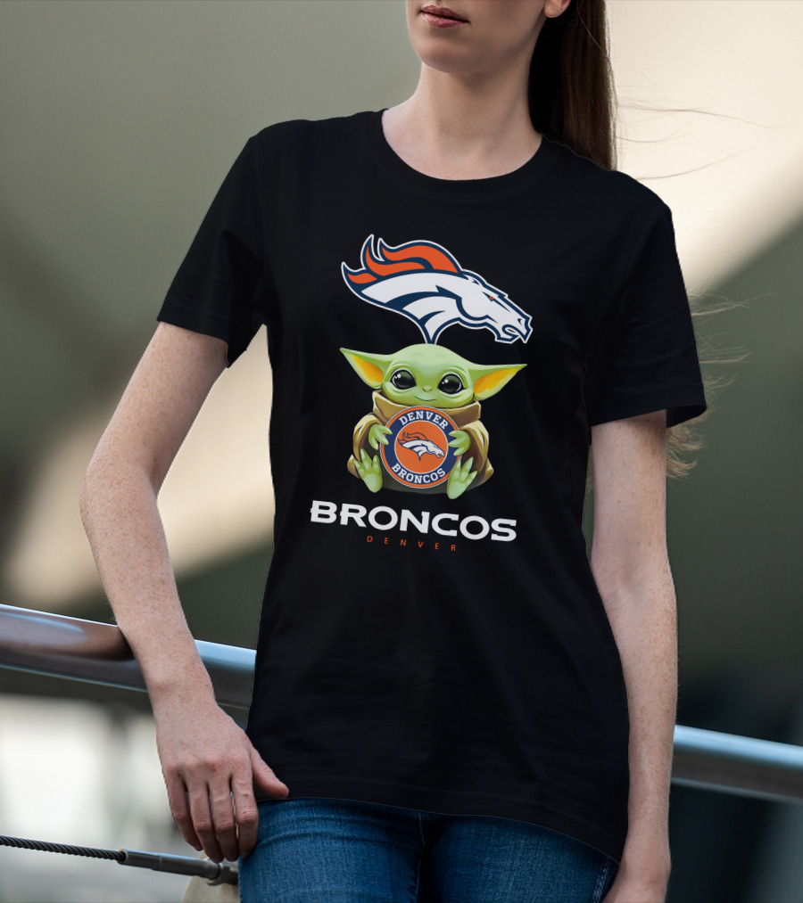 Star Wars Baby Yoda Holding Denver Broncos Emblem T-Shirt