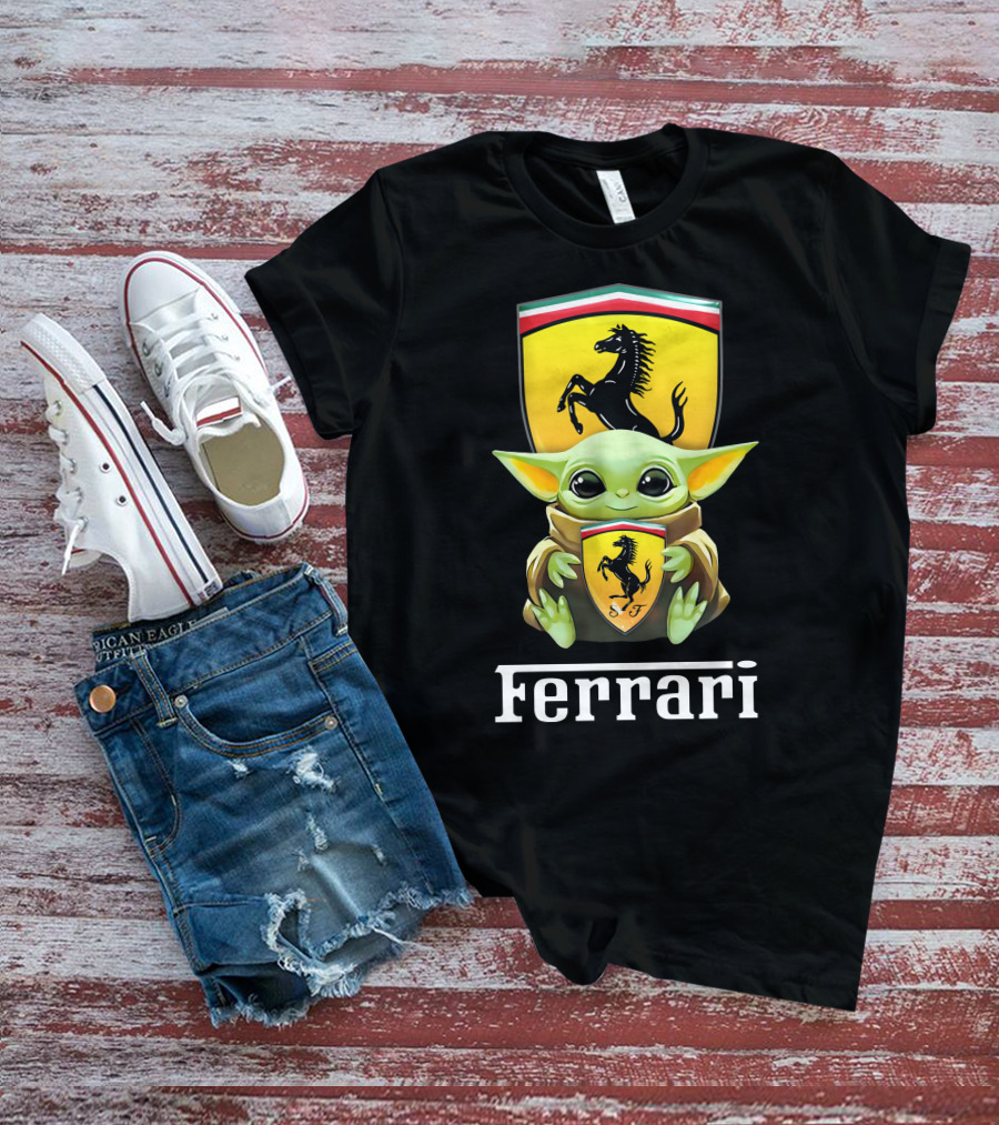 Star Wars Baby Yoda Holding Ferrari Logo Black T-Shirt