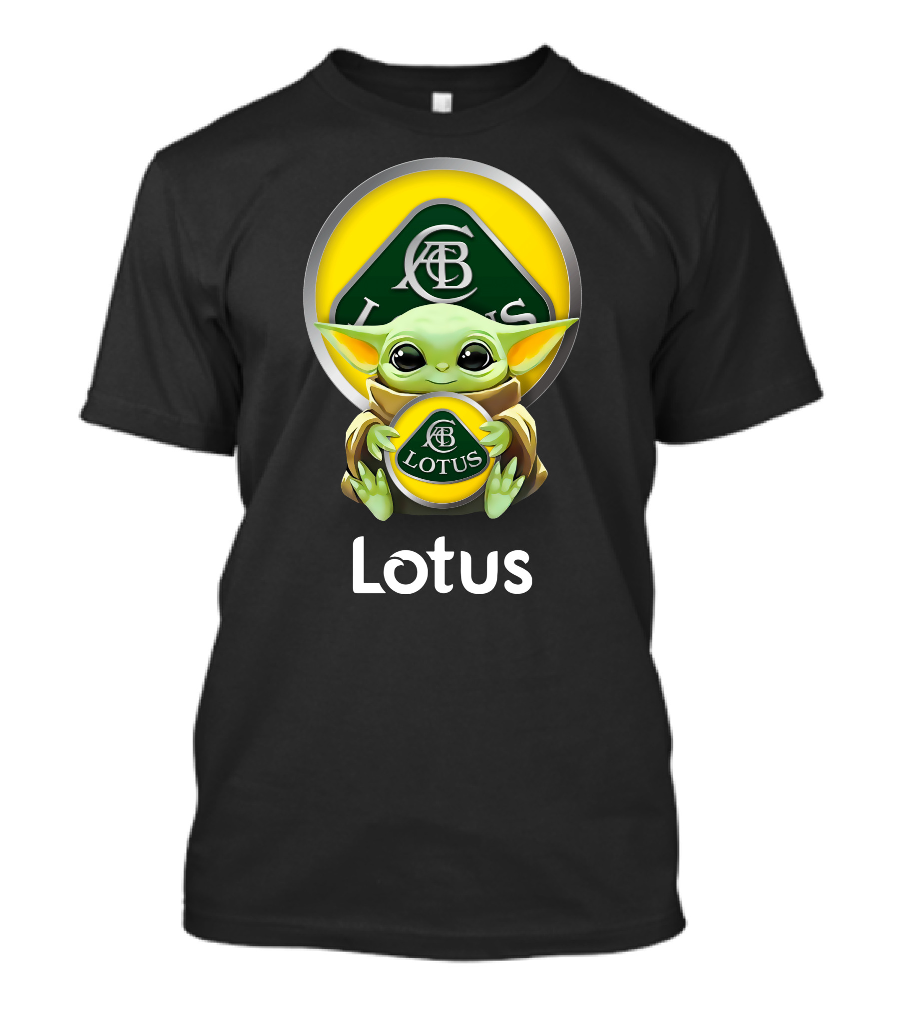 Star Wars Baby Yoda Hugging Lotus Car Logo On Black T-Shirt