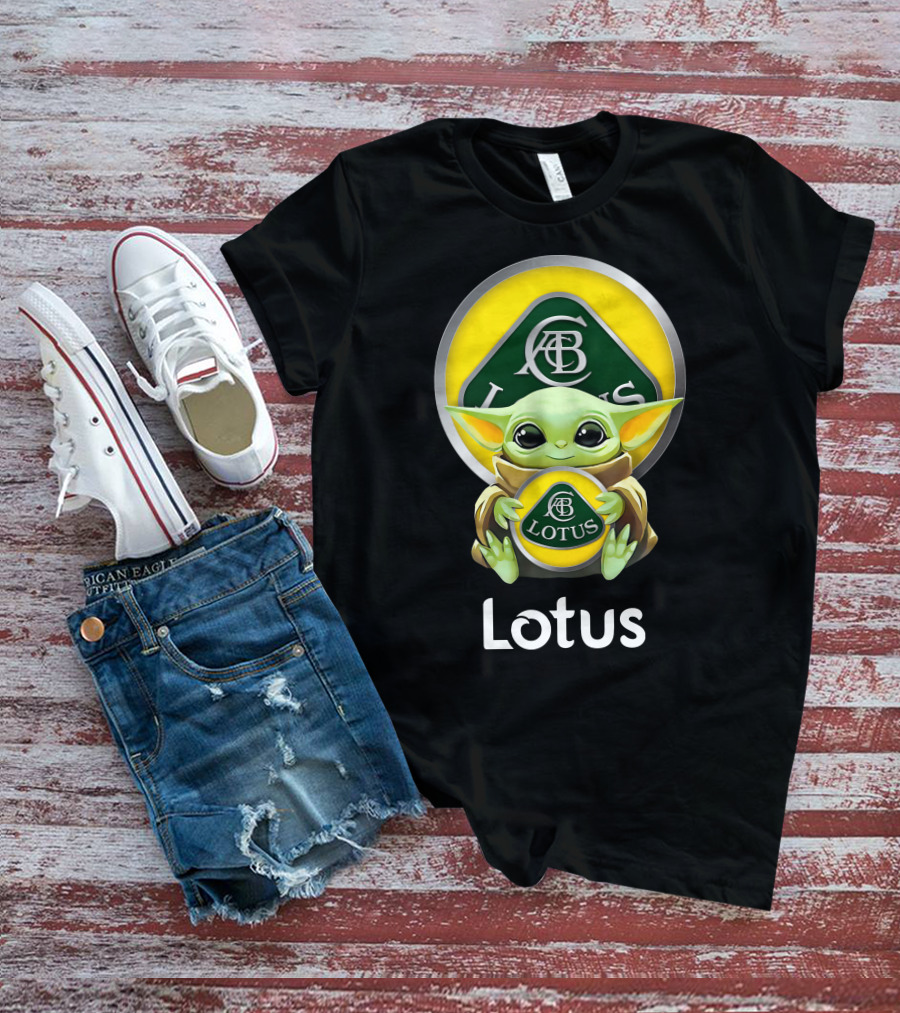 Star Wars Baby Yoda Hugging Lotus Car Logo On Black T-Shirt