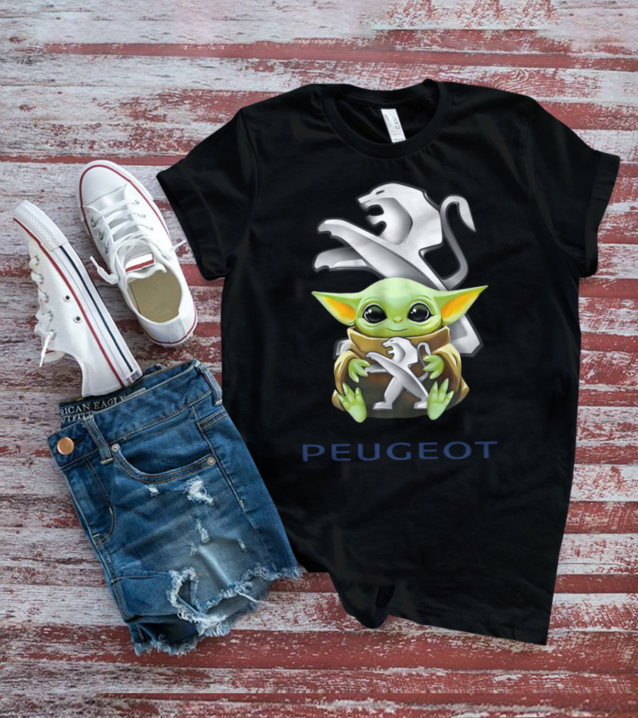Baby Yoda Hugging Peugeot Lion Logo Star Wars Character T-Shirt