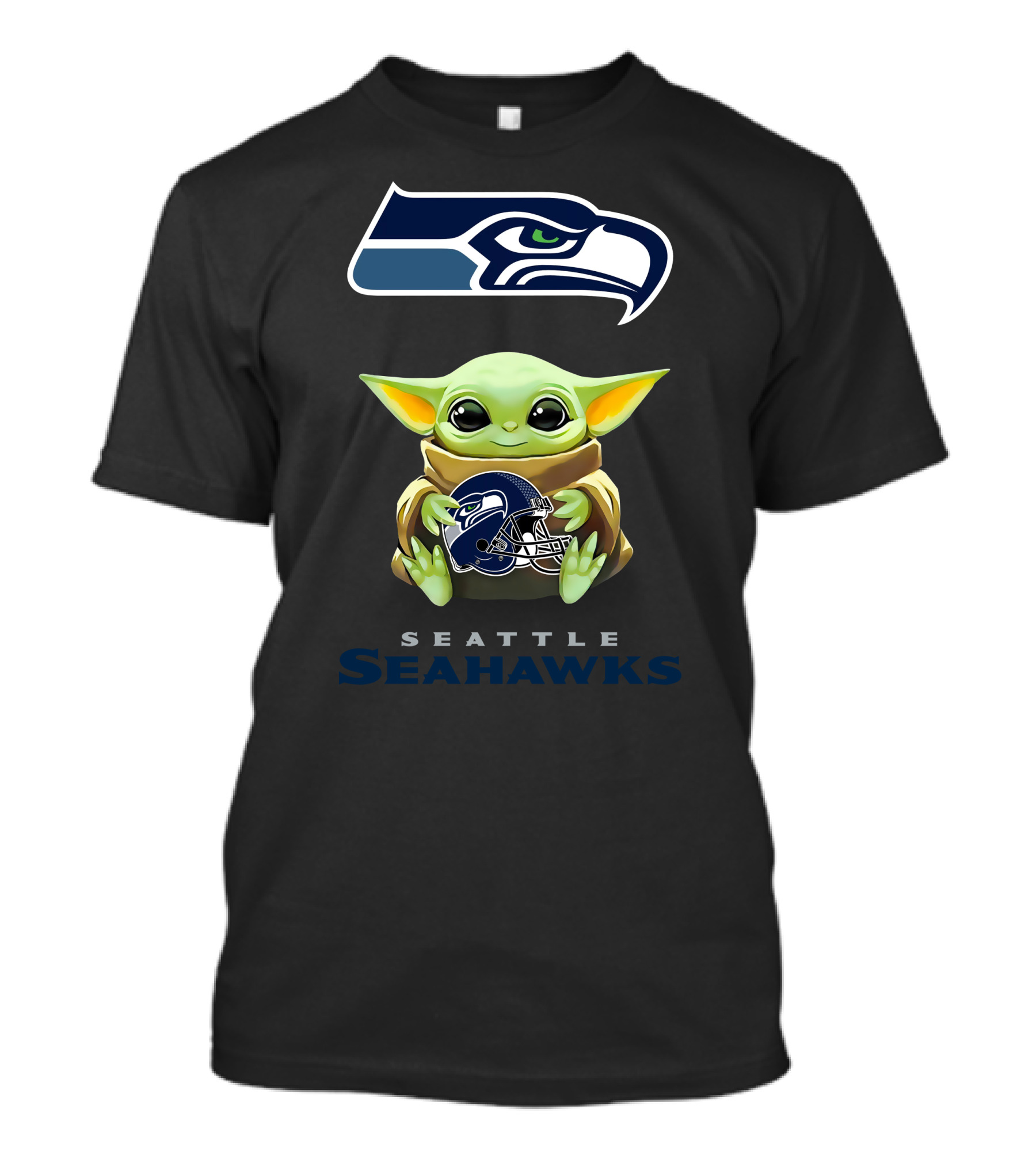 Star Wars The Mandalorian Baby Yoda Hug Seattle Seahawks Helmet T-Shirt