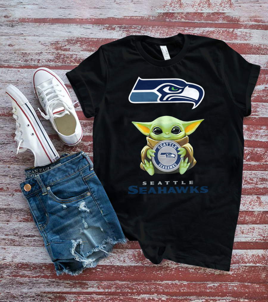 Seattle Seahawks Baby Yoda Hugging Seattle Seahawks Logo Star Wars T-Shirt