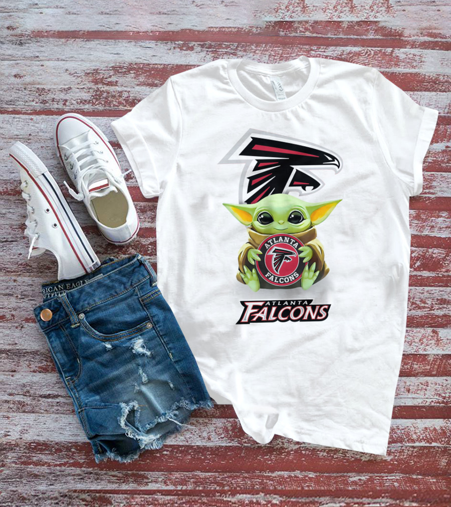 Baby Yoda Hugging Atlanta Falcons Football Emblem T-Shirt