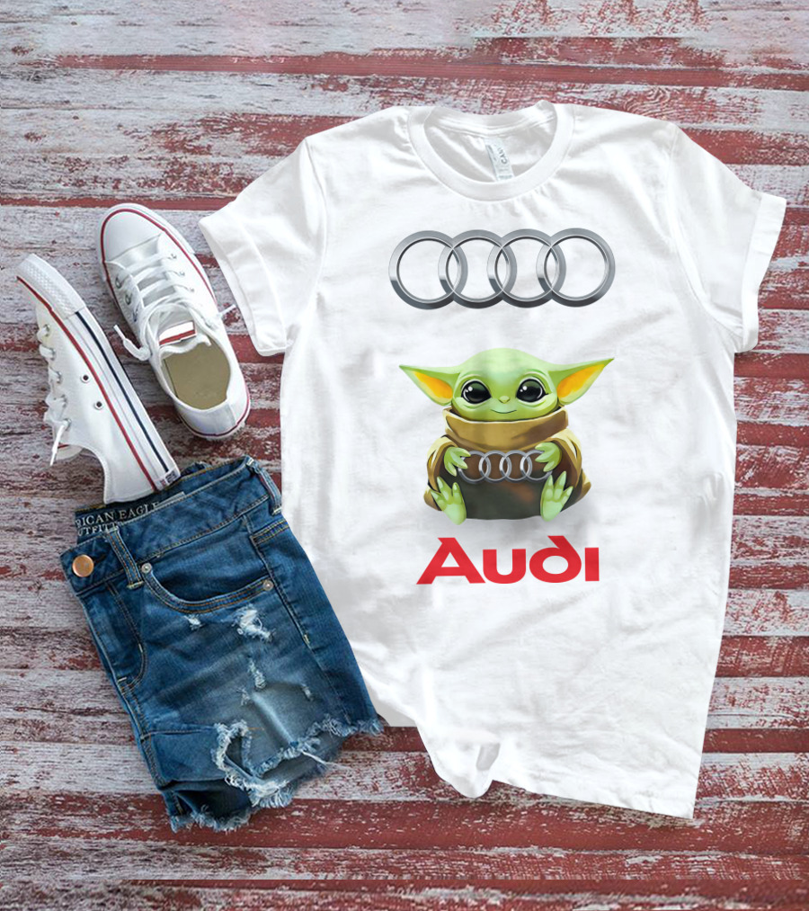 Baby Yoda Holding Audi Silver Rings With Audi T-Shirt