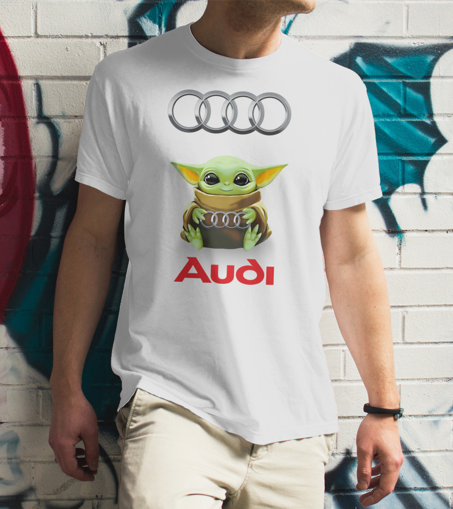 Baby Yoda Holding Audi Silver Rings With Audi T-Shirt