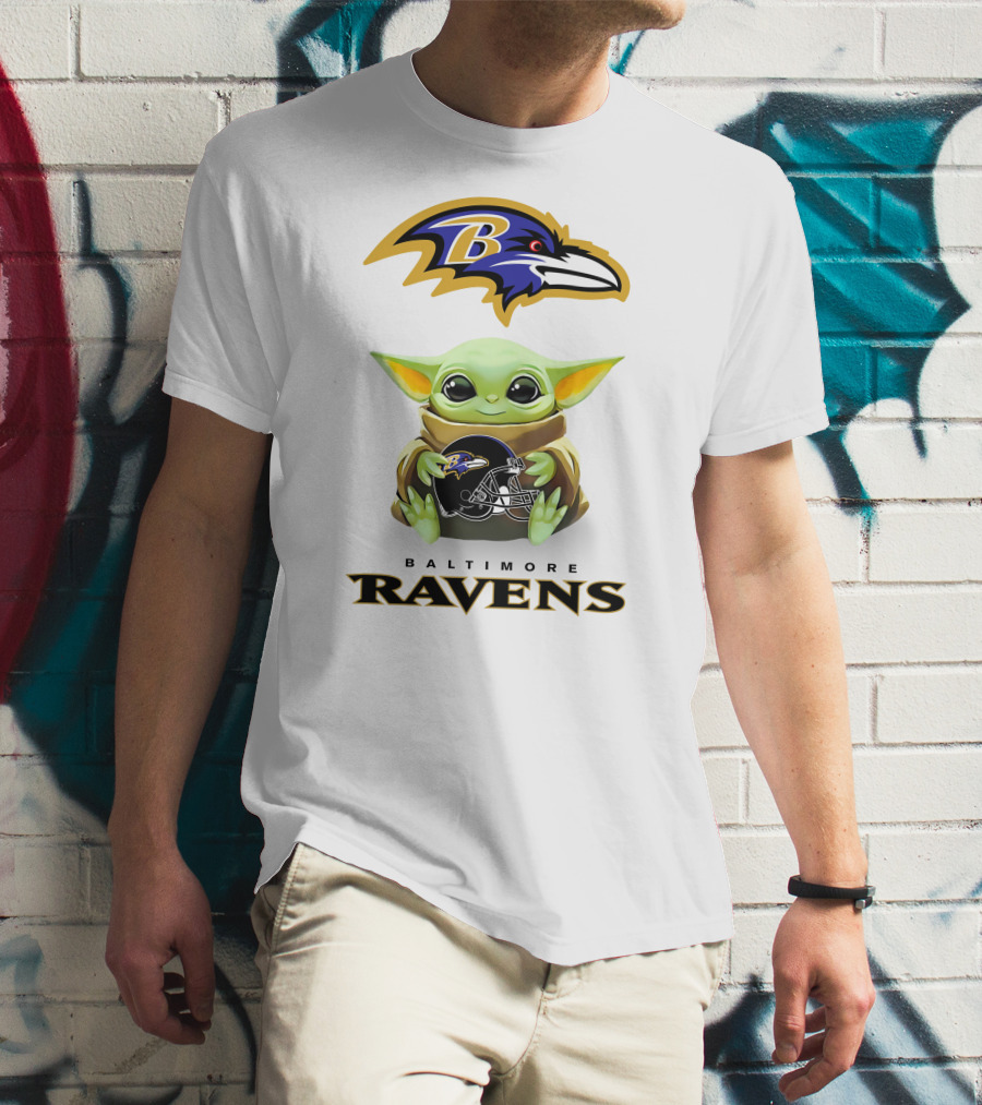 Baby Yoda Holding Baltimore Ravens Helmet With Ravens T-Shirt