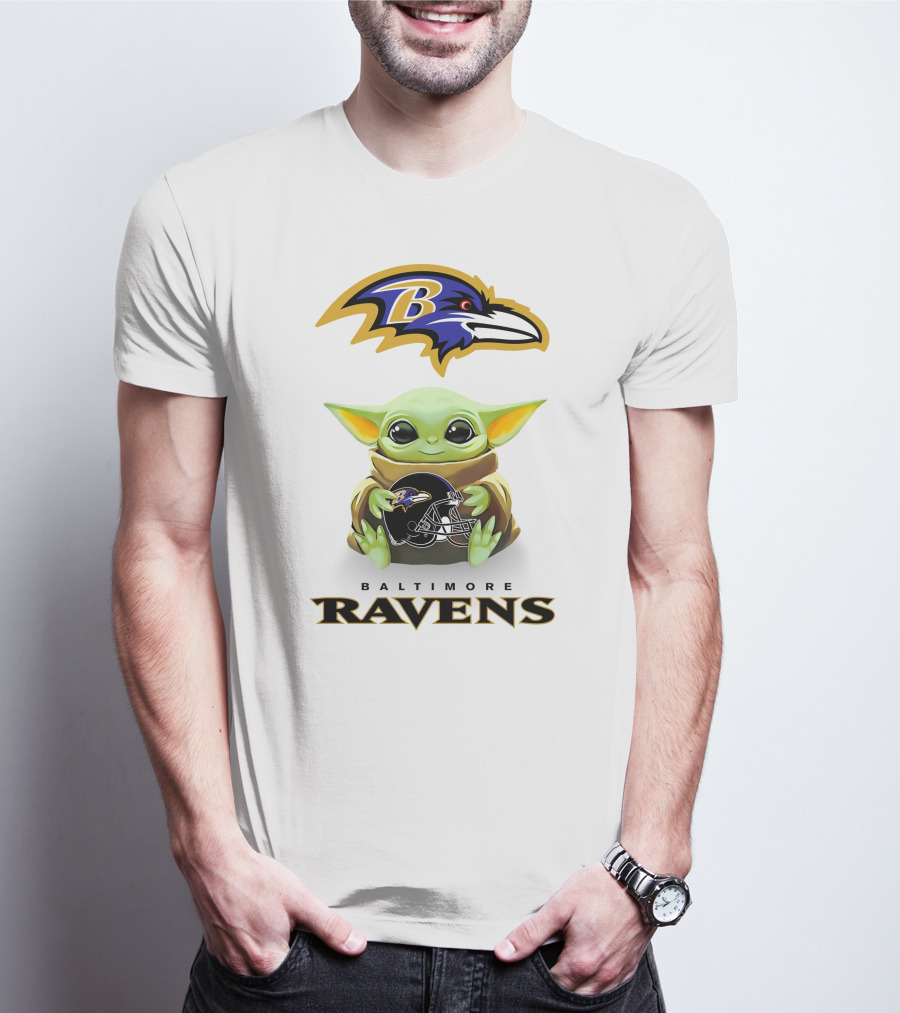 Baby Yoda Holding Baltimore Ravens Helmet With Ravens T-Shirt