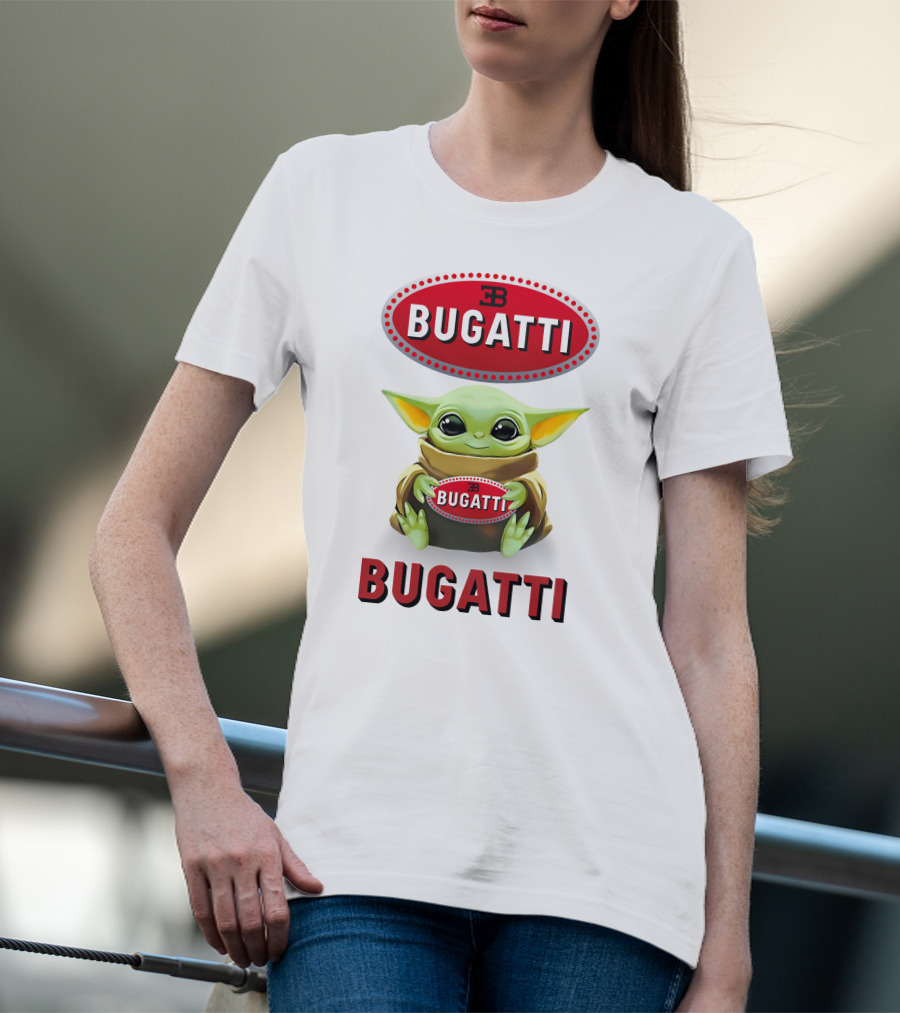 Baby Yoda Holding Bugatti Logo Emblem T-Shirt