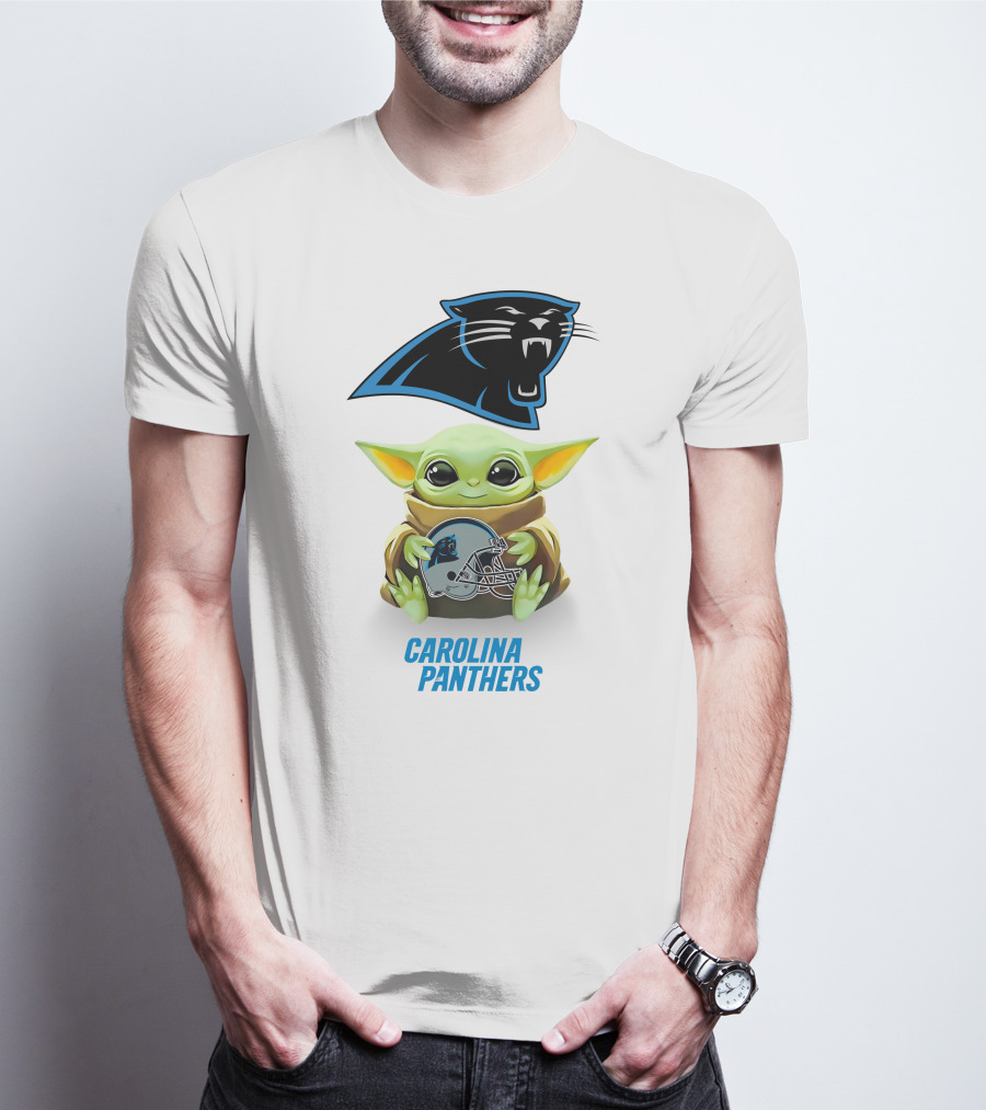 Baby Yoda Holding Carolina Panthers Helmet T-Shirt