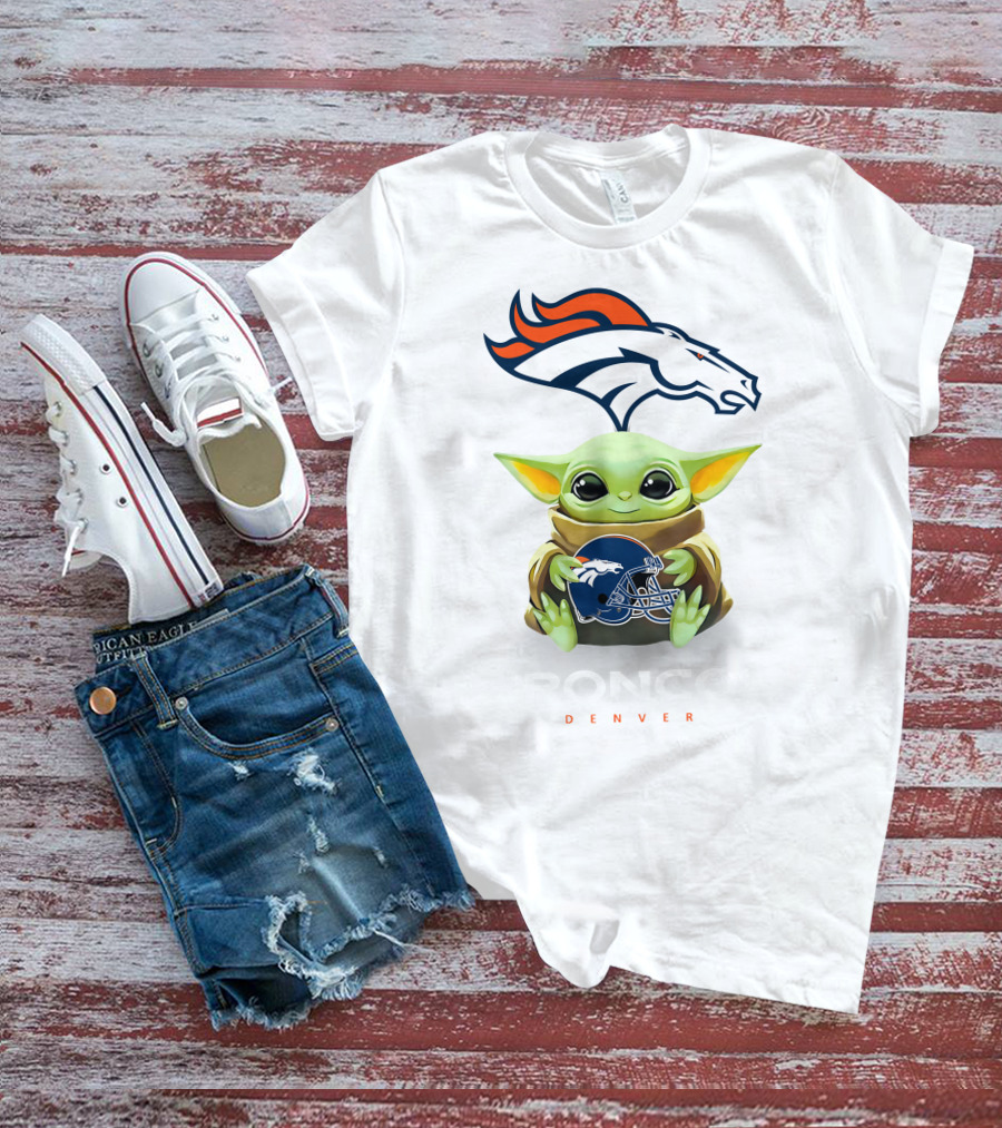 Baby Yoda Holding Denver Broncos Helmet With Broncos T-Shirt