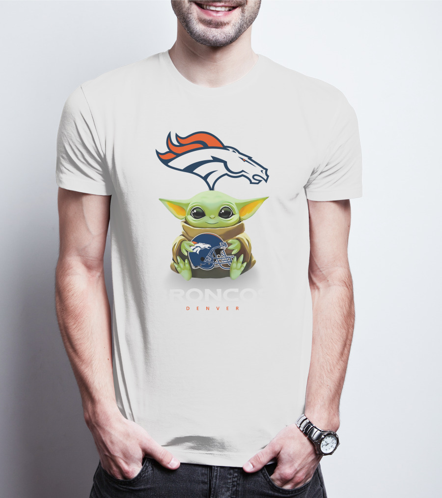 Baby Yoda Holding Denver Broncos Helmet With Broncos T-Shirt