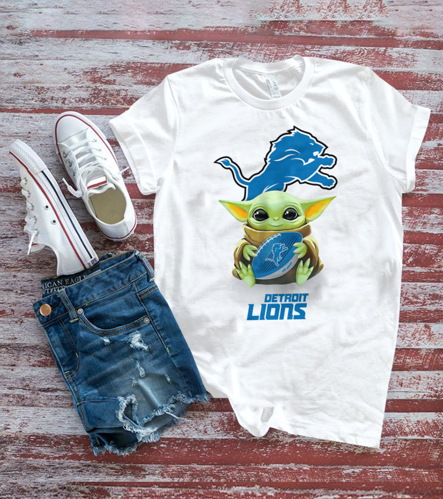 Baby Yoda Hugging Detroit Lions Football T-Shirt