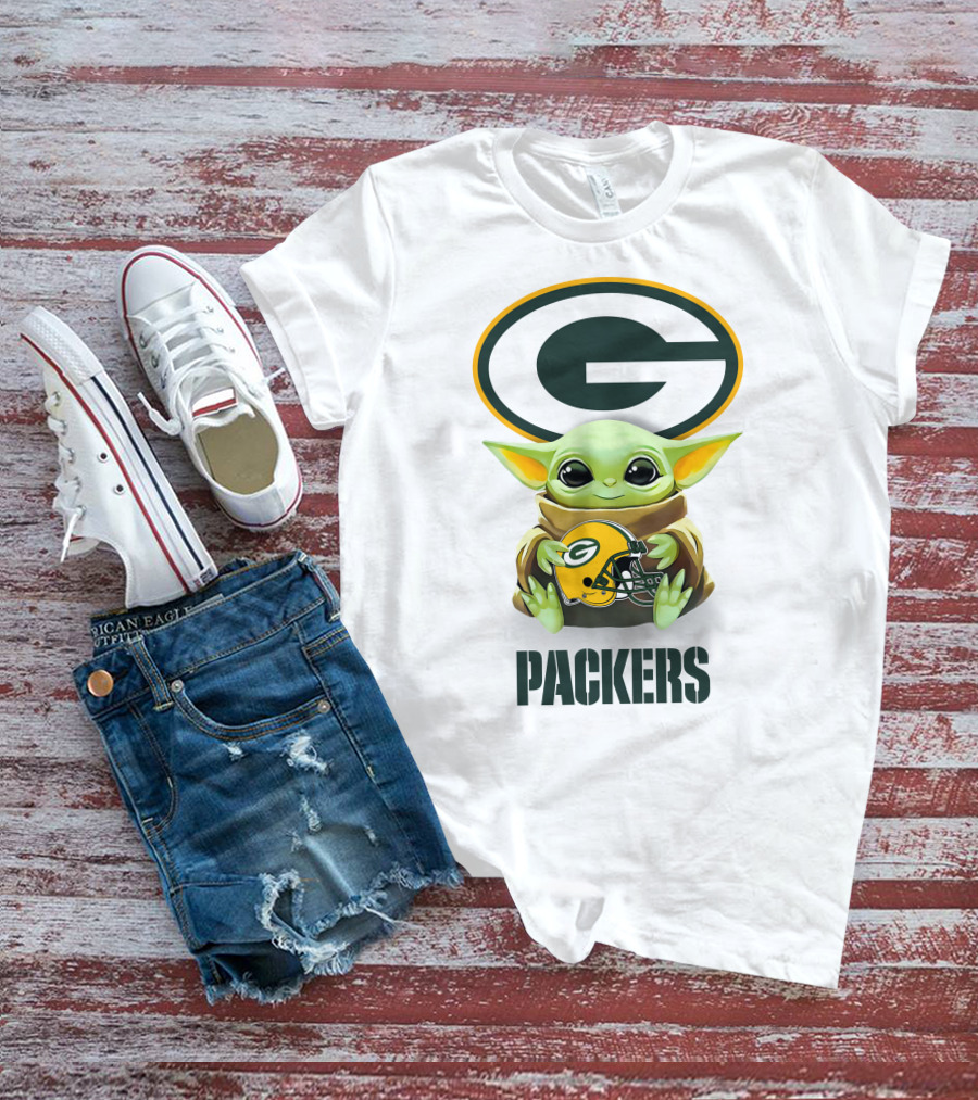 Baby Yoda Hugging Green Bay Packers Helmet With Logo And Packers Text T-Shirt