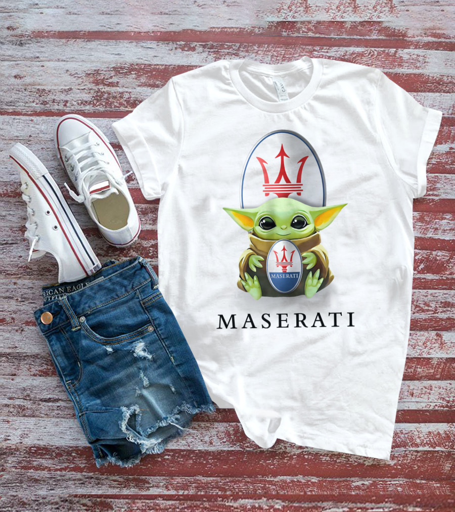 Maserati Emblem With Baby Yoda Hugging Iconic Logo White Background T-Shirt