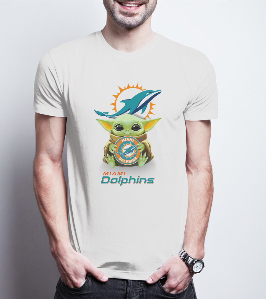 Baby Yoda Holding Miami Dolphins Logo Fan T-Shirt