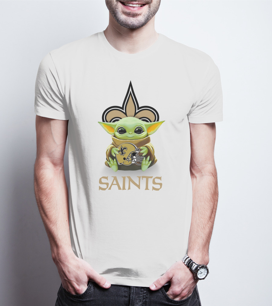 Baby Yoda Saints Helmet Hug With New Orleans Saints T-Shirt