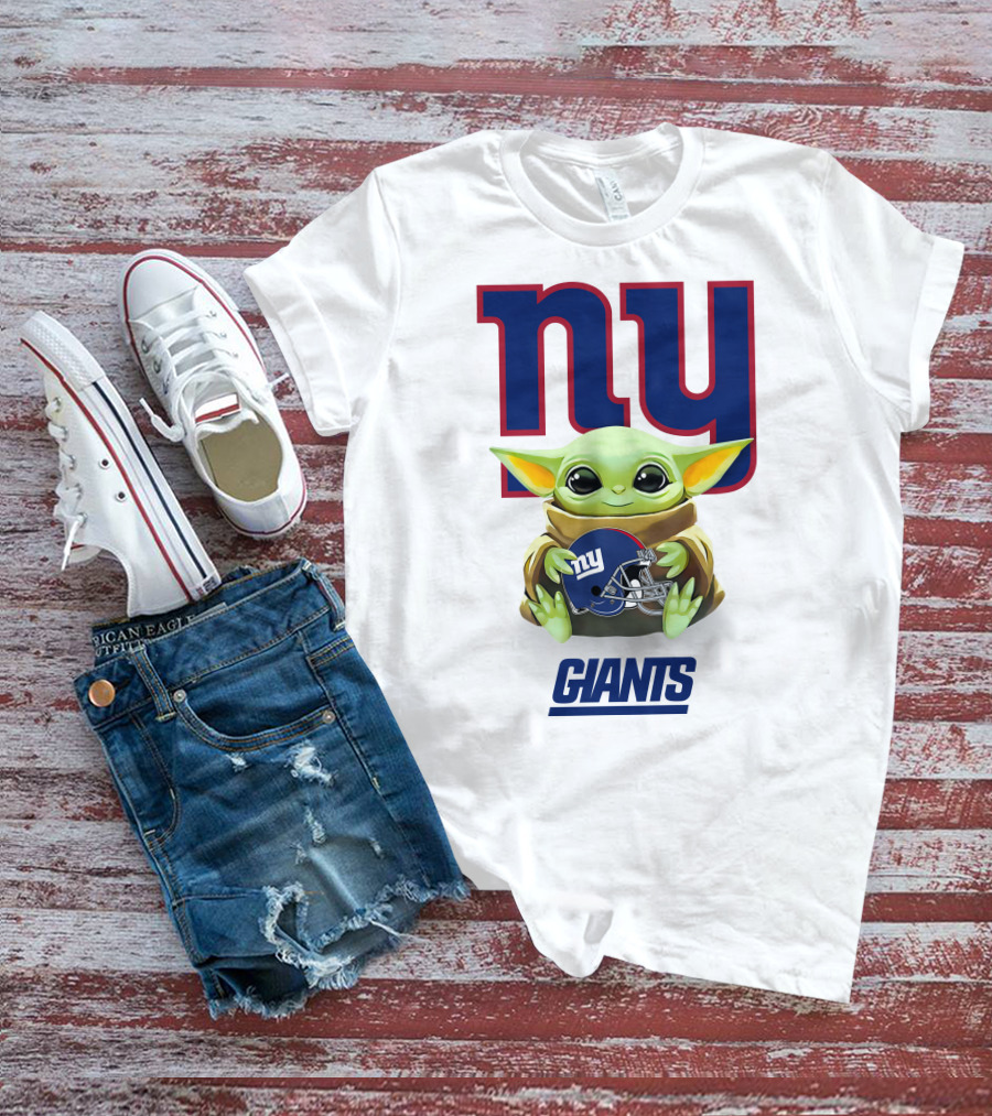 Baby Yoda Holding New York Giants Helmet Under Team T-Shirt