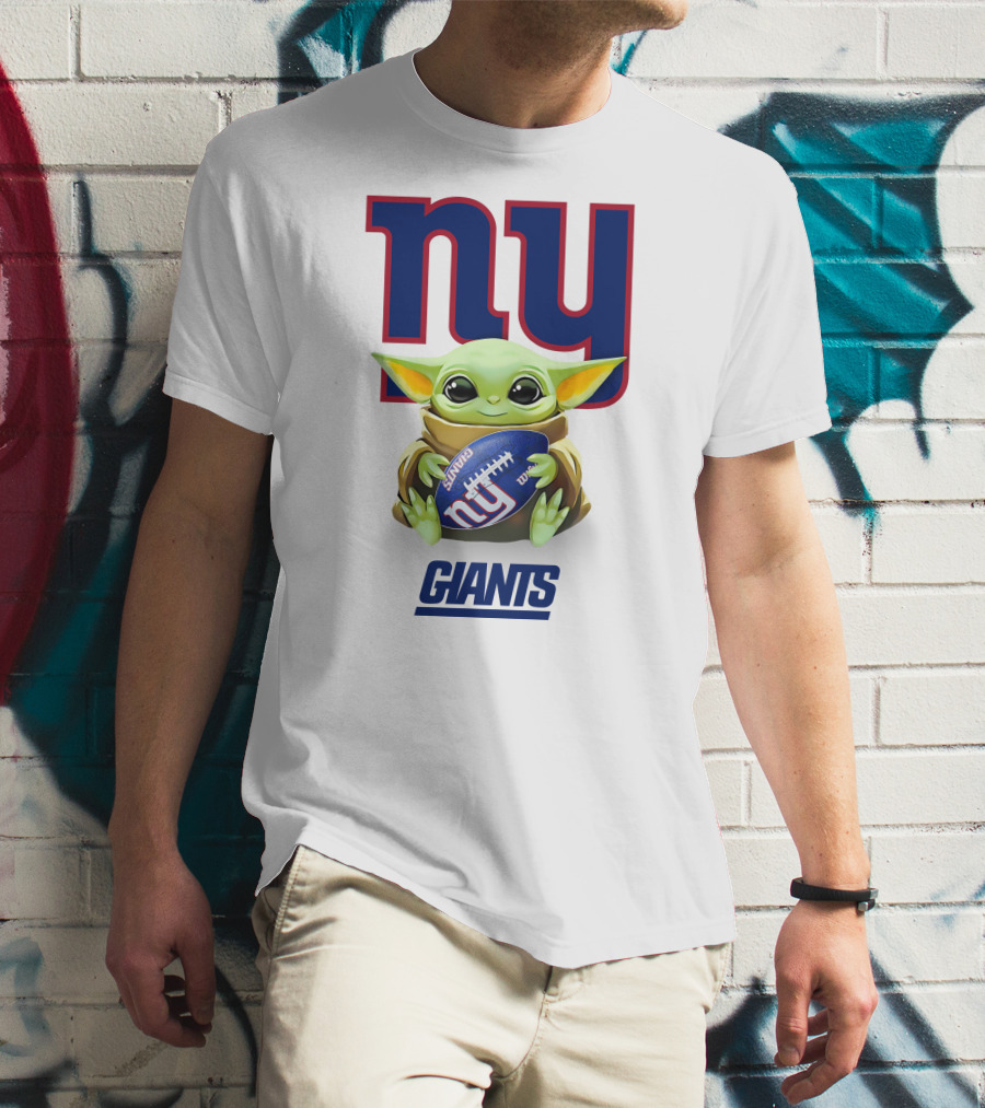 Baby Yoda Hugging Football With New York Giants Logo NY Giants T-Shirt