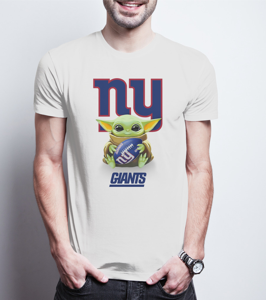 Baby Yoda Hugging Football With New York Giants Logo NY Giants T-Shirt