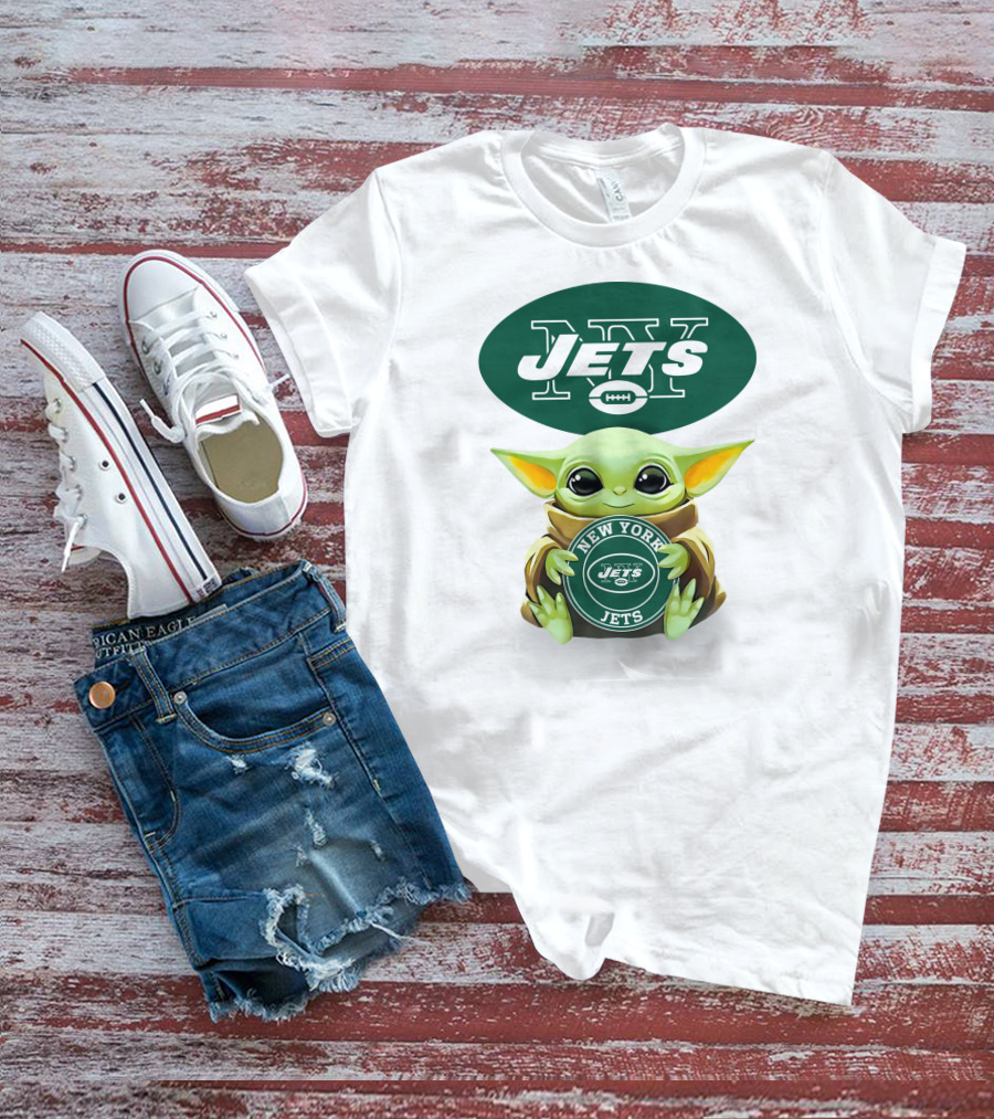 Baby Yoda Holding New York Jets Football T-Shirt