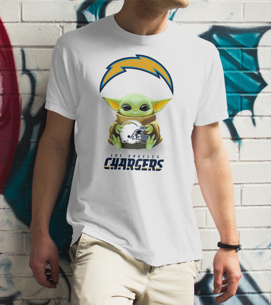 Baby Yoda Los Angeles Chargers Helmet Hug T-Shirt