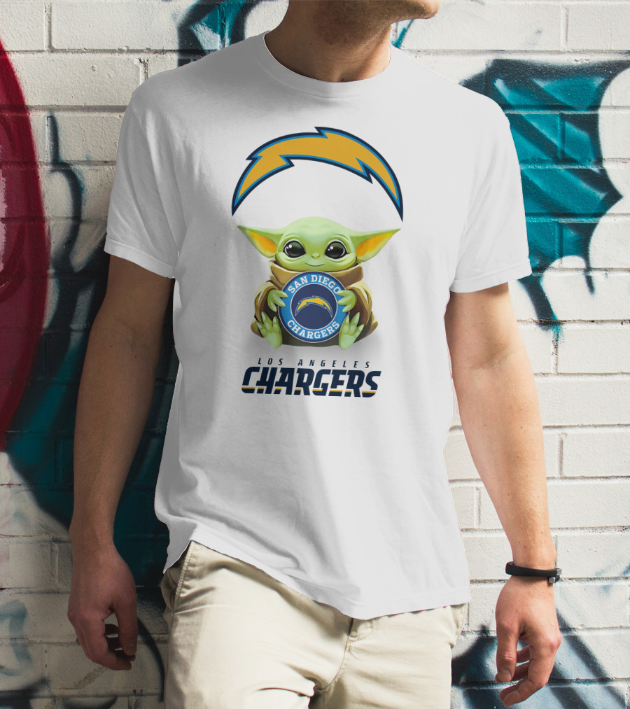 Baby Yoda Hug San Diego Chargers Los Angeles Chargers Logo White T-Shirt
