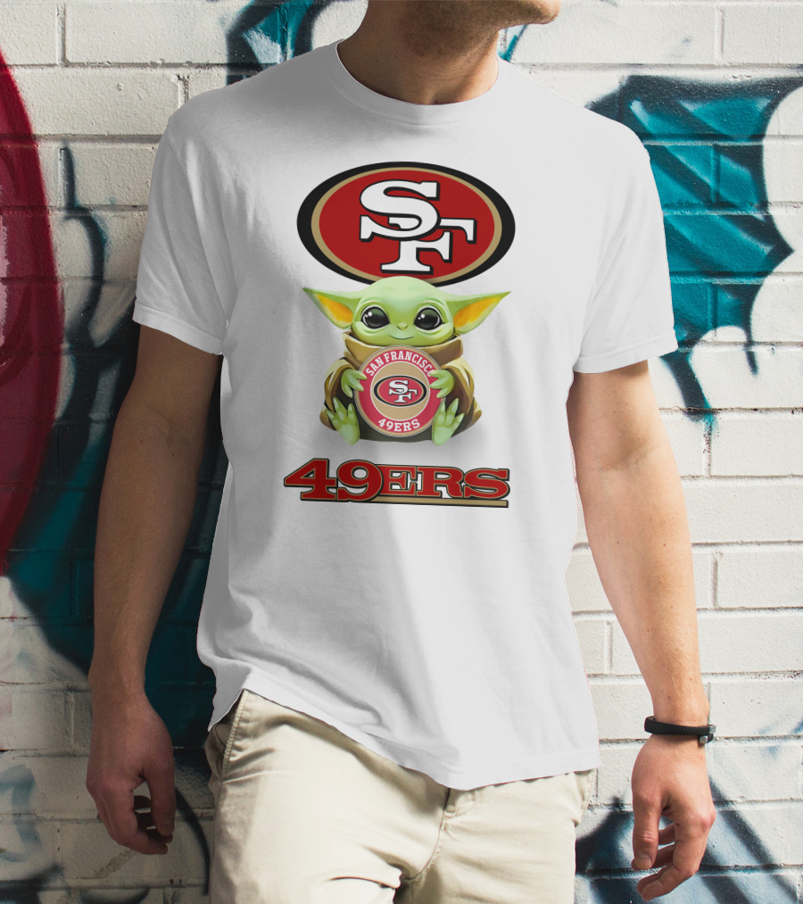 Baby Yoda Hug SF 49ers San Francisco 49ers Logo 49ers White T-Shirt