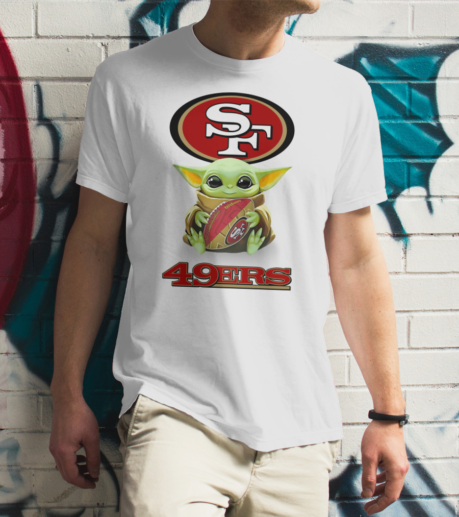 Baby Yoda Hugging San Francisco 49ers Football SF Logo 49ers Fan Gear T-Shirt