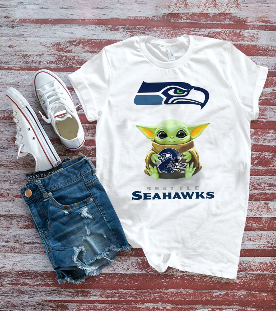 Seattle Seahawks Baby Yoda Hugging Helmet T-Shirt