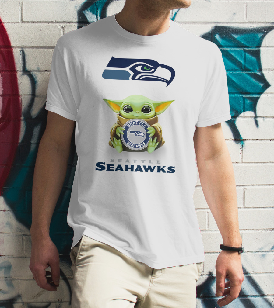 Baby Yoda Seattle Seahawks Hugging Logo With Team Name T-Shirt