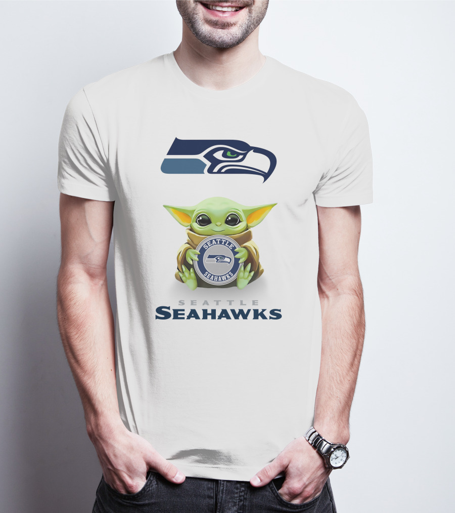 Baby Yoda Seattle Seahawks Hugging Logo With Team Name T-Shirt