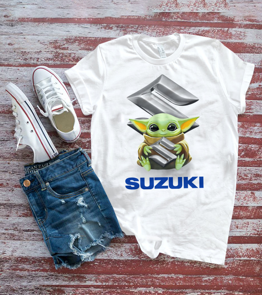 Baby Yoda Holding Suzuki Logo Emblem T-Shirt