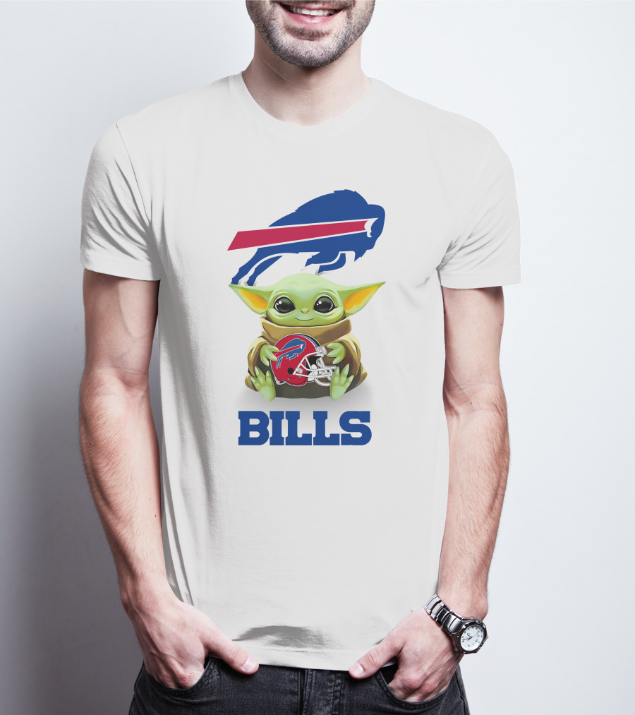 Baby Yoda Hug Buffalo Bills Helmet Star Wars White T-Shirt