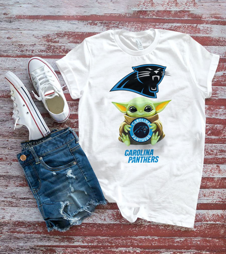 Star Wars Baby Yoda Holding Carolina Panthers Emblem T-Shirt