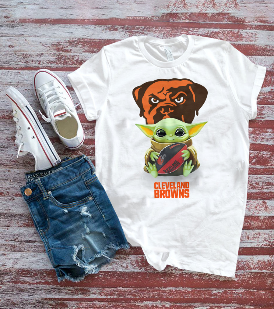 Baby Yoda Holding Cleveland Browns Football With Team Logo Background T-Shirt