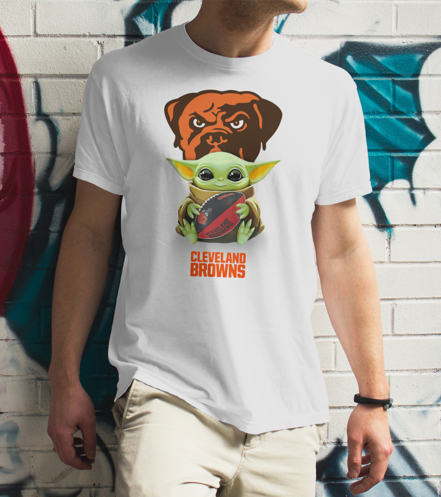 Baby Yoda Holding Cleveland Browns Football With Team Logo Background T-Shirt