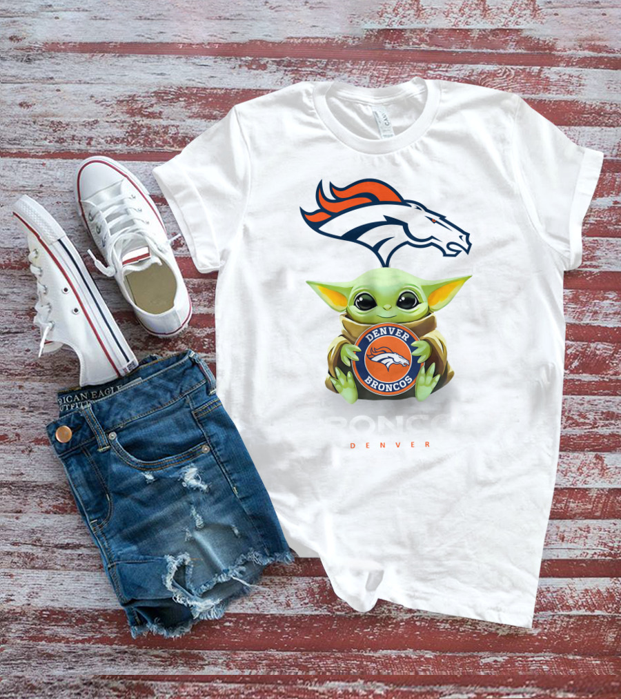 Star Wars Baby Yoda Holds Denver Broncos Emblem T-Shirt