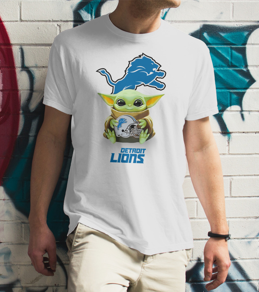 Star Wars Baby Yoda Holding Detroit Lions Helmet T-Shirt