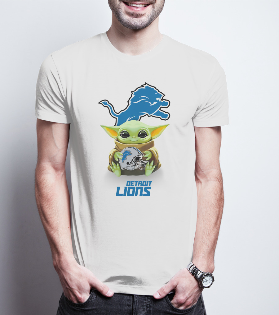 Star Wars Baby Yoda Holding Detroit Lions Helmet T-Shirt