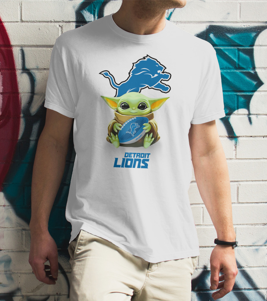 Star Wars Baby Yoda Hug Detroit Lions Football Fan白 T-Shirt