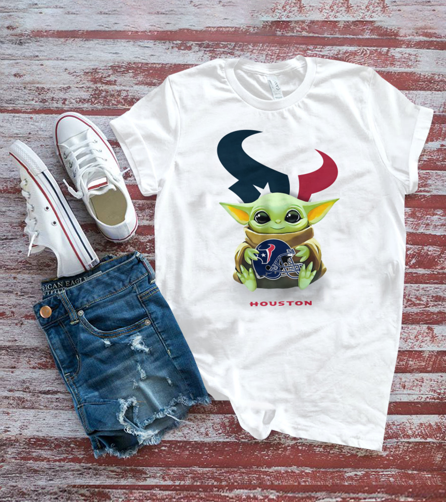 Star Wars Baby Yoda Holding Houston Texans Helmet With Logo On White T-Shirt